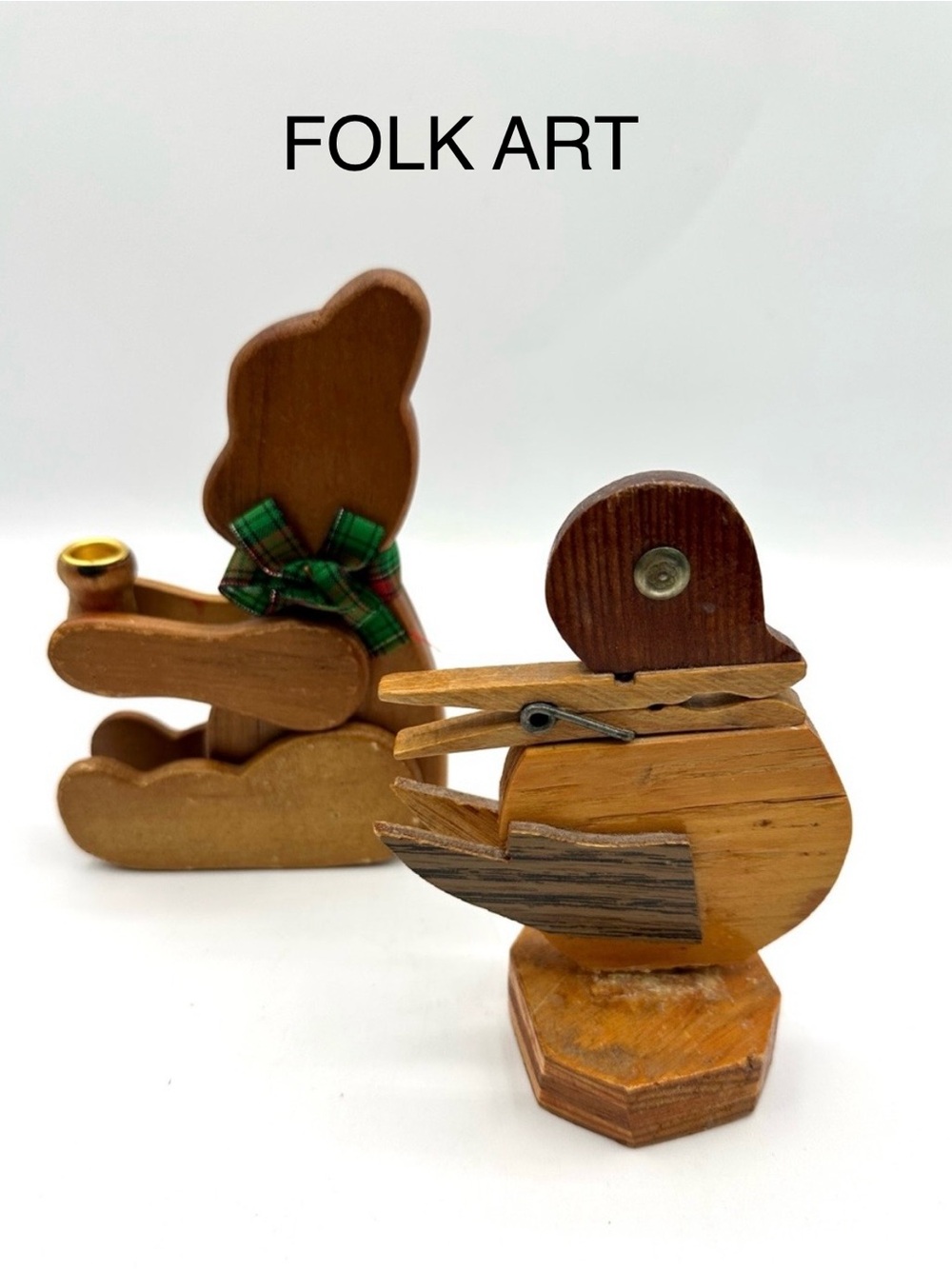 Hand Crafted Wooden Bear Candle Holder & Duck that holds cards. Folk Art